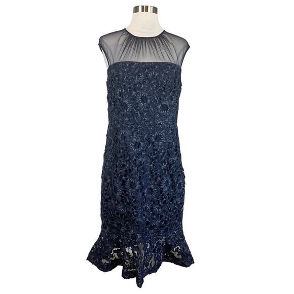 Aidan Mattox Women's Cocktail Dress Size 10 Blue Metallic Lace Midi Sheath - Picture 1 of 12
